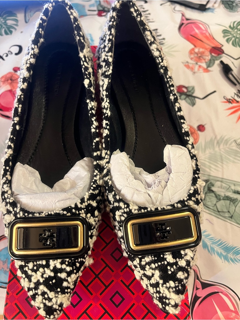 Tory Burch Black & White Tweed Pointed Flats with Gold Logo Buckle